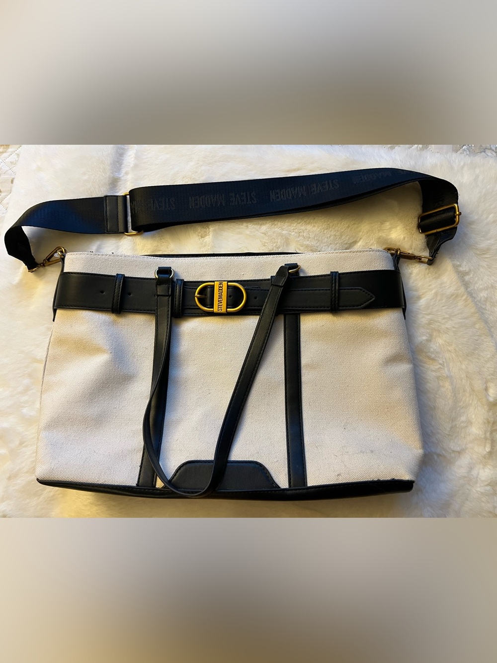 NWT Steve Madden Broy Buckles Canvas Tote Shoulder Crossbody Bag Tan Black